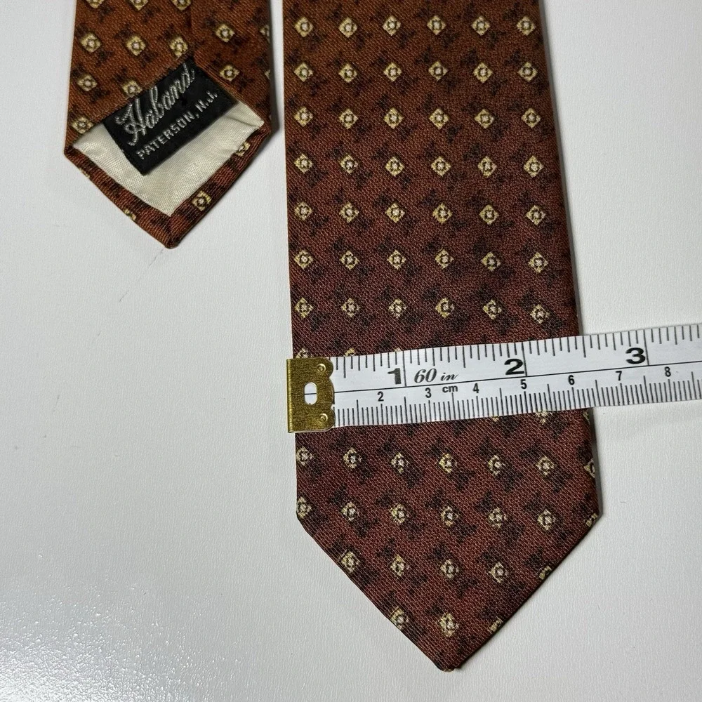 Haband Mens Vintage Silk Necktie Rust Brown Geometric Medallion Square Pattern